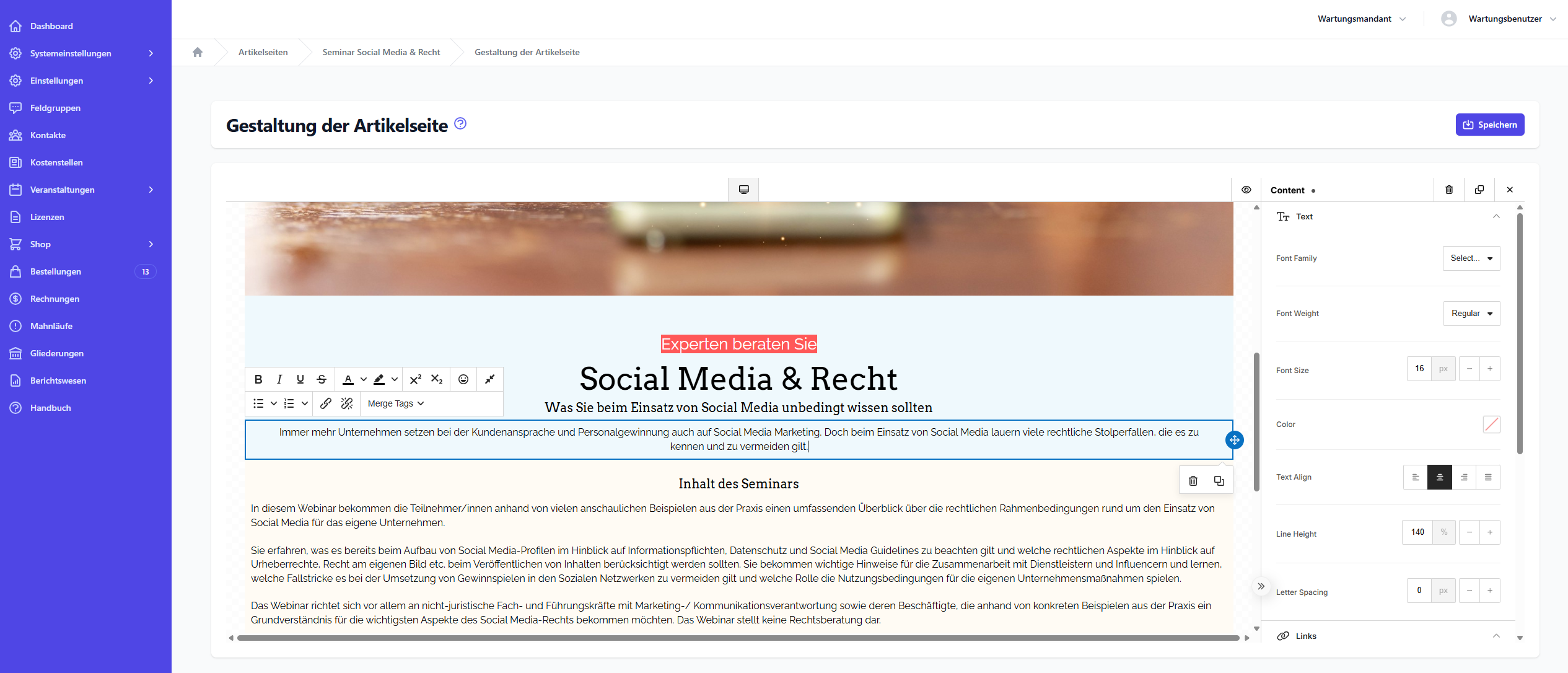 Editor-Ansicht zur Gestaltung der Artikelseite